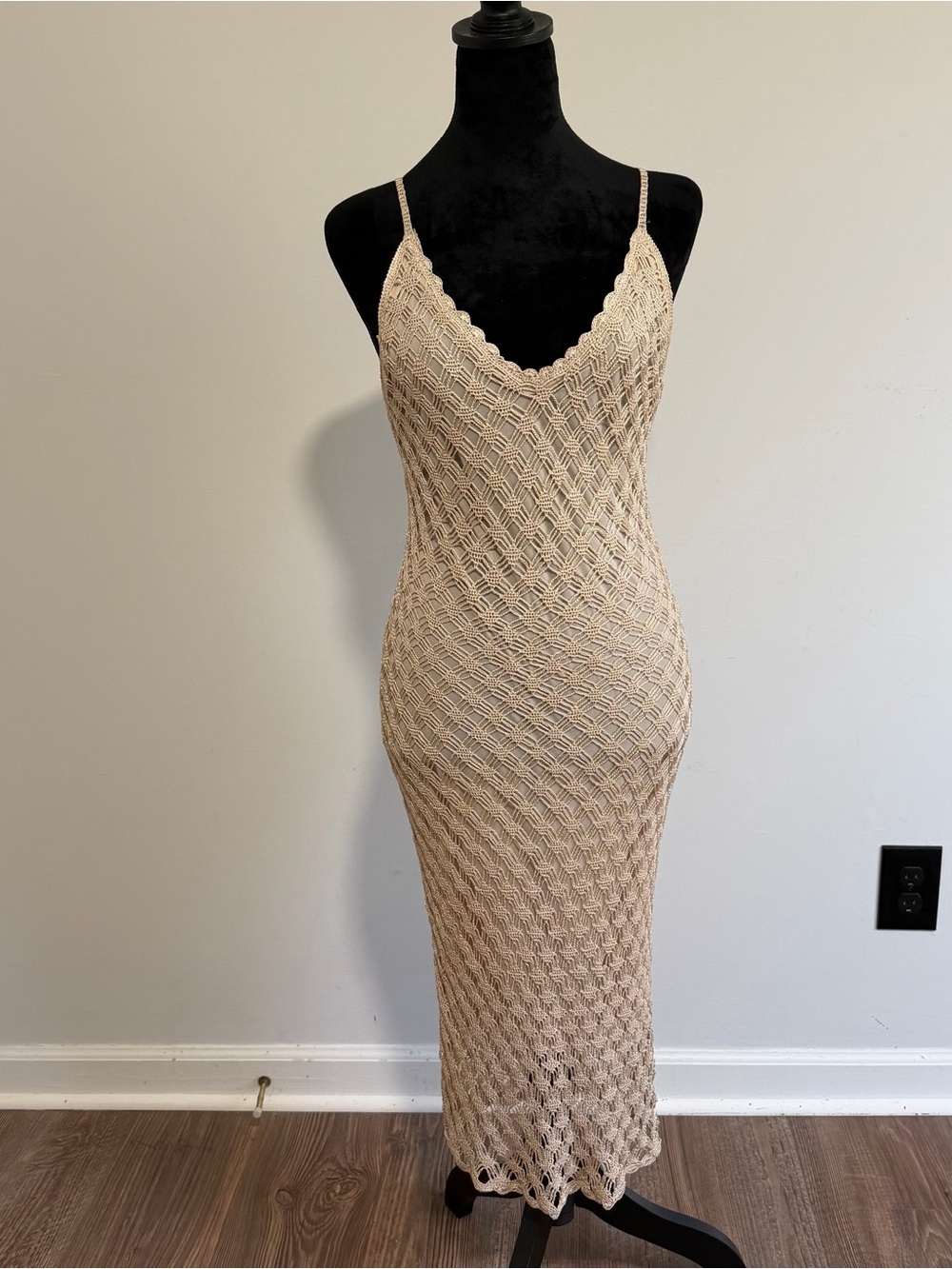 Beige Crochet Slip Dress with Spaghetti Straps